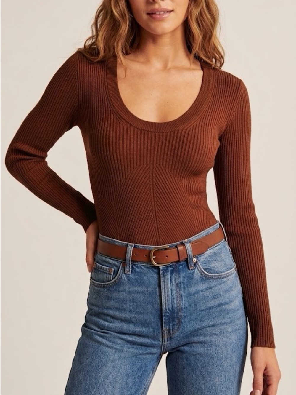 Abercrombie & Fitch Women Contouring Ribbed Bodysuit XS Thong Back Rust Brown